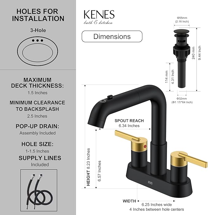 KENES Black and Gold Pull Out Centerset Bathroom Faucet 3 Hole, 4 Inch 2 Handle Bathroom Sink Faucet with Pull Out Sprayer, Vanity Faucet with Pop Up Drain & Supply Lines LJ-9059A-BG
