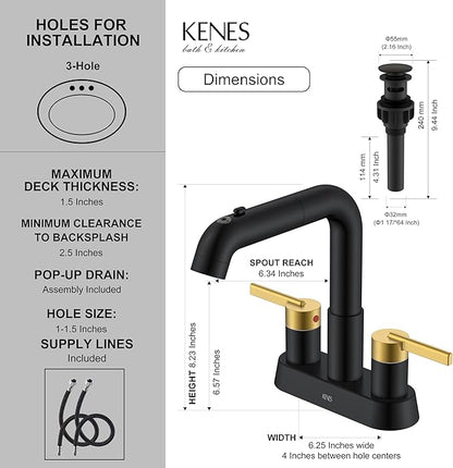 KENES Black and Gold Pull Out Centerset Bathroom Faucet 3 Hole, 4 Inch 2 Handle Bathroom Sink Faucet with Pull Out Sprayer, Vanity Faucet with Pop Up Drain & Supply Lines LJ-9059A-BG