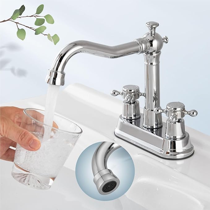 Aolemi 4 Inch Centerset Bathroom Sink Faucet Vintage 2 Cross Handle RV Mixer Tap Basin Vanity Lavatory Utility for Sink 3 Hole Include Hoses Pop Up Drain Faucet Handle Without Label Polish Chrome