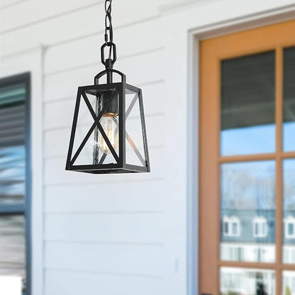 Outdoor Pendant Light Fixture, Farmhouse Exterior Anti-Rust Hanging Lights, Black Ceiling Outdoor Light with Seeded Glass, Hanging Lantern for Front Door, Entry, Porch, and Gazebo