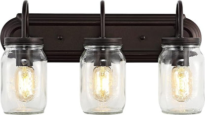 JONATHAN Y 19.3" Oil Rubbed Bronze 3-Light Iron and Glass Mason Jar Vanity Light, Farmhouse Industrial Rustic Wall Sconce for Bathroom, UL Listed, LED Bulbs Included JYL7801A