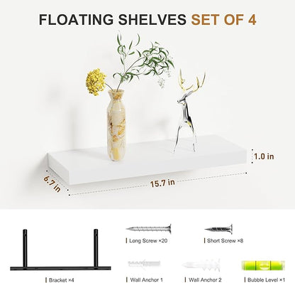 Bellsal Floating Shelves for Wall, White Engineered Wood Wall Shelf Set of 4, 16" Wall Mounted Floating Shelf for Kitchen, Living Room, Bedroom, Bathroom Storage, Book Shelf for Walls Home Decor