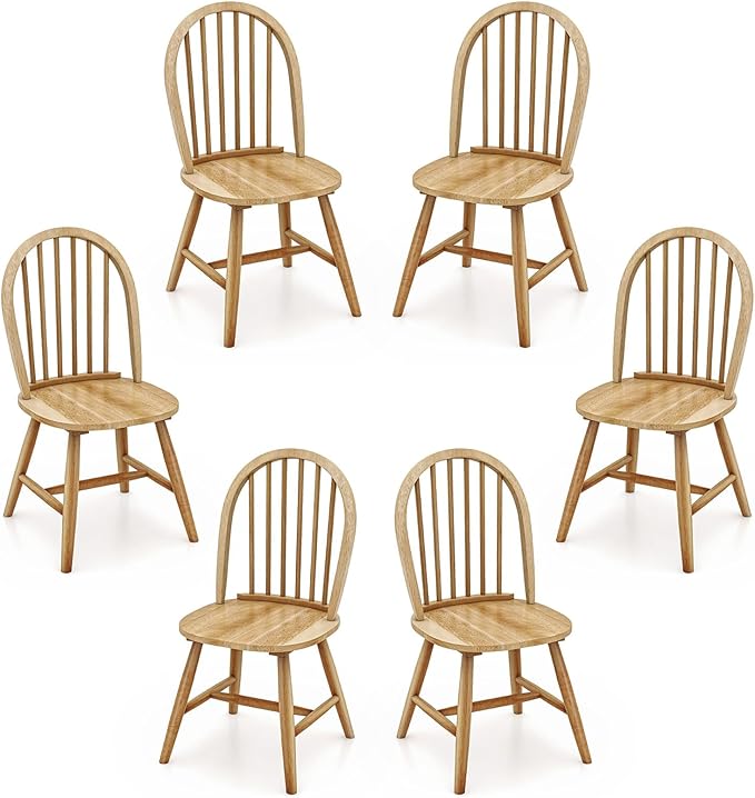Safeplus 18" Oak Dining Chairs Set of 6, Wood Windsor Chair with Spindle Back for Country Farmhouse Kitchen Island