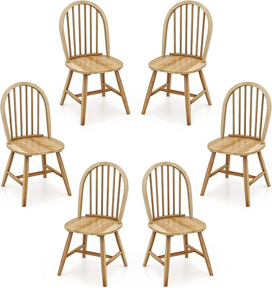 Safeplus 18" Oak Dining Chairs Set of 6, Wood Windsor Chair with Spindle Back for Country Farmhouse Kitchen Island