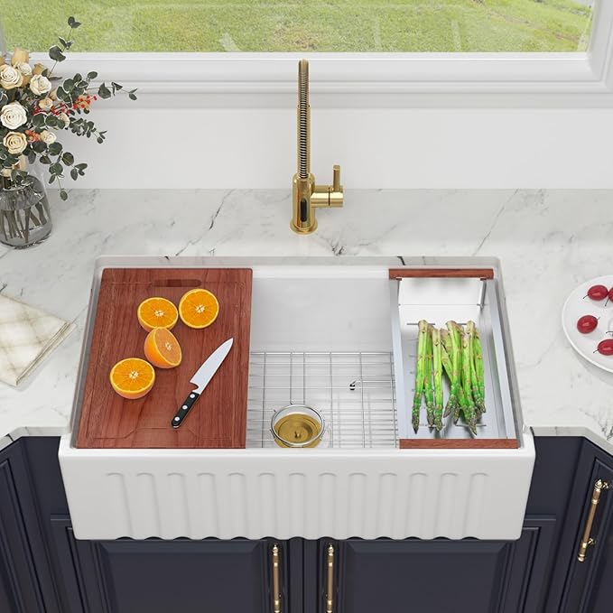 Kichae 33 White Farmhouse Kitchen Sink - 33X20 Inch Ledge Workstation Reversible Fluted Apron Front Ceramic Porcelain Farm Sinks Single Bowl with Gold Drain