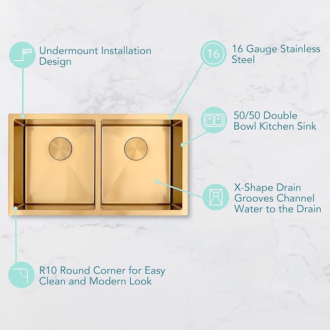 Double Bowl Gold Kitchen Sink 31" X 18",50/50 Double Bowl Undermount Kitchen Sinks,16 Gauge Stainless Steel Undermount Gold Sink