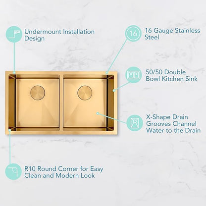 Double Bowl Gold Kitchen Sink 31" X 18",50/50 Double Bowl Undermount Kitchen Sinks,16 Gauge Stainless Steel Undermount Gold Sink