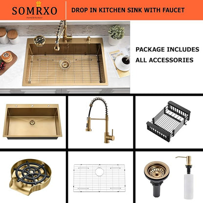 30×22 Drop In Kitchen Sink with Faucet Combo-Stainless Steel Gold Drop In Sink with Cup Washer, 9 Inch Deep Single Bowl Kitchen Sinks and Faucets Combo Set,Top Mount Design for Modern Kitchens