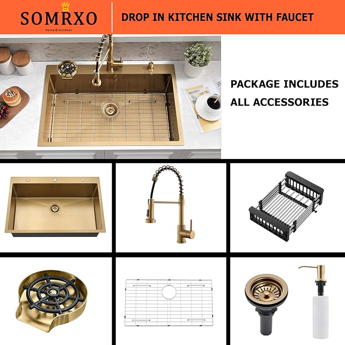 33×22 Drop In Kitchen Sink with Faucet Combo-Stainless Steel Gold Drop In Sink with Cup Washer, 9 Inch Deep Single Bowl Kitchen Sinks and Faucets Combo Set,Top Mount Design for Modern Kitchens