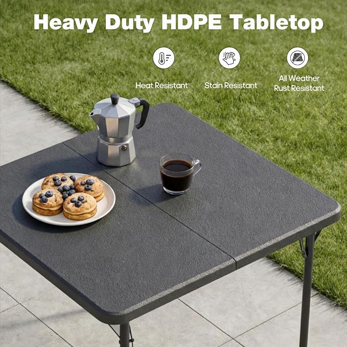 34" Square Folding Table for 4 Person, 330lbs Weight Capacity Foldable Table with HDPE Tabletop & Heavy-Duty Steel Legs, Large Portable Picnic Table for Indoor Outdoor Parties, Camping, Grey