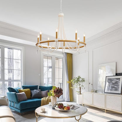 WUZUPS Wagon Wheel Chandelier Rustic Farmhouse Industrial Round Pendant Light Fixture with Clear Crystal for Dining Room Kitchen Island, H 28.3" x W 30.3", E12 Base, Gold White