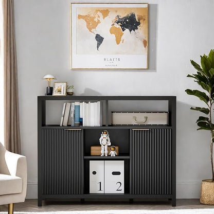 FONTOI Sideboard Buffet Cabinet, Thicken Wood Storage Cabinet with 4 Large Open Shelf, Farmhouse Cabinet with 2 Fluted Doors, Modern Accent Cabinet for Living Room, Kitchen, Entryway, Black