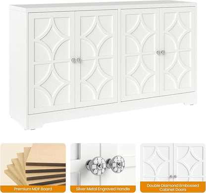 RoyalCraft Sideboard Buffet Cabinet with Storage, 56" Modern Sideboard with 4 Carved Doors and Adjustable Shelves, Large Wood Coffee Bar Console Table for Kitchen, Dining Room, Satin White