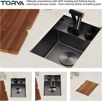 TORVA RV Sink, 12 x 17 Inch Undermount Bar Sink Premium Stainless Steel RV Kitchen Sinks with Hideaway Faucet, Dark Grey