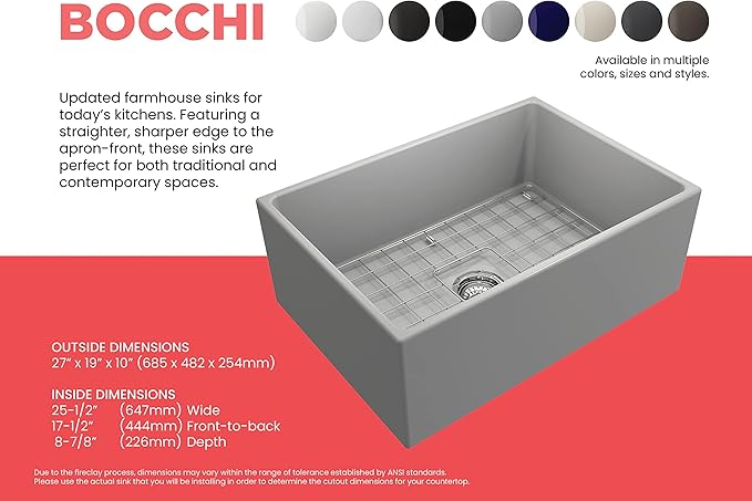 BOCCHI Contempo Farmhouse Apron Front Fireclay 27 in. Single Bowl Kitchen Sink with Protective Bottom Grid and Strainer in Matte Gray