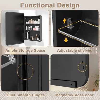 16x27.5 Medicine Cabinet with Mirror, Fully Assembled Recessed or Wall-Mounted Bathroom Mirrored Cabinet with Adjustable Storage Shelves for Vanity, Metal, Black