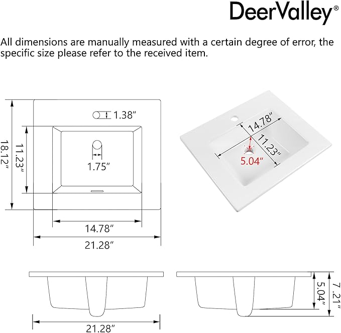 DeerValley Rectangle Drop-In Bathroom Sink 21x18 Inch, White Ceramic Vessel with Overflow and Pre-Drilled Faucet Hole