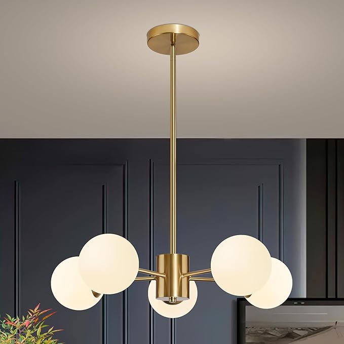 Bagood 5-Light Globe Sputnik Chandelier Mid Century Sputnik Chandeliers Modern Gold Globe Pendant Light Brushed Brass Finished with White Frosted Glass Lampshade for Dining Room Bedroom Kitchen