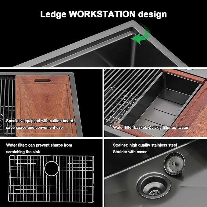 Sarlai 33 Farmhouse Sink Black Stainless Steel - 33 Inch Apron Front Kitchen Sink Ledge Workstation Gunmetal Black 16 Gauge Stainless Steel Deep Single Bowl Farm Sinks