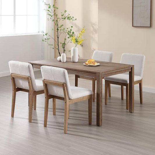 Farmhouse Kitchen Dining Room Chairs Set of 4 with Rectangle Backrest Mid Century Linen Fabric Upholstered Dining Room Parsons Chairs for Kitchen Island/Living Room/Dining Table, Beige