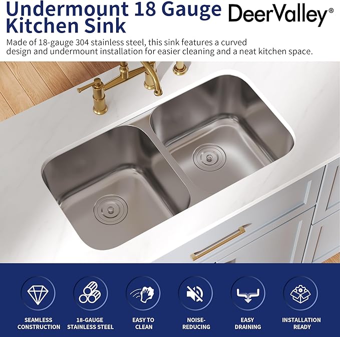 DeerValley 32 Inch Undermount Double Bowl Kitchen Sink 50/50 18 Gauge Stainless Steel Kitchen Sink Spacious Double Basin Design Sinks with Basket Strainer Undermount Sinks for Modern Kitchens
