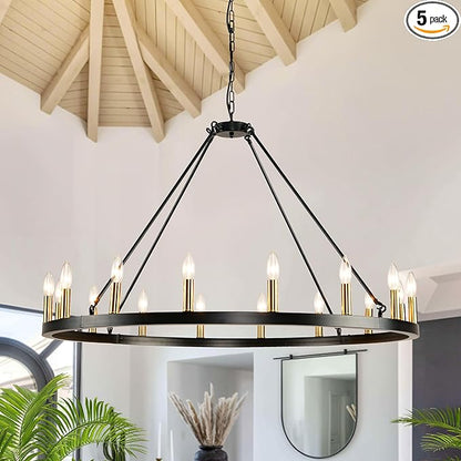 43" Wagon Wheel Chandelier, 16-Light Farmhouse Chandeliers for Dining Room, Black and Gold Foyer Lighting Fixtures, Hanging Pendant Lights Kitchen Island, for Living Room, Entryway, Hallway