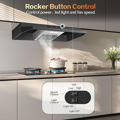 Under Cabinet Range Hood 36 inch, Ducted/Ductless Vent Hood with 2 Speeds Fan, Black Range Hood with Rocker Button Control, Kitchen Hood 280CFM, Bright LED Light