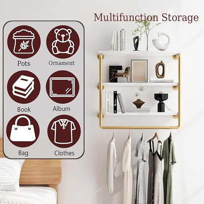 HOMEKAYT 24" Industrial Pipe Shelving, Floating Wall Shelves 3 Tier Gold Shelves with Haning Rod Multiple Use for Kitchen, Bedroom,Living Room,Bathroom