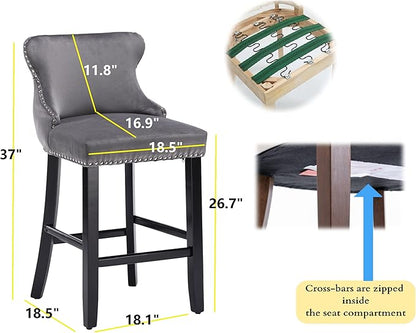 Rhomtree Elegant Button Tufted Upholstered Fabric Bar Stools with Nailhead Trim, Dining Side Chair, Leisure Padded Chairs with Solid Wooden Legs Home Kitchen Island Wooden Bar Chairs (Grey, Set of 6)