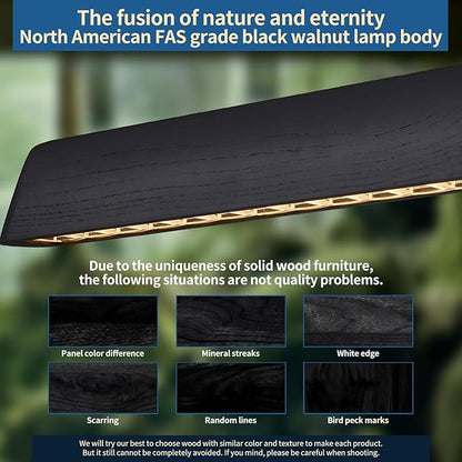 Wood Linear Pendant Light, Dimmable Kitchen Island Lighting with Remote, 35W LED Island Lights for Kitchen, Adjustable Linear Chandelier for Dinning Room Light Fixture (Black, 57inch)