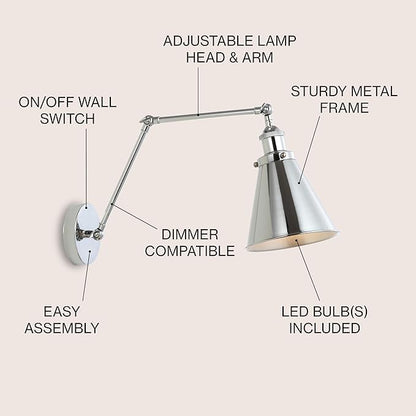 JONATHAN Y 7" Chrome Classic Industrial Metal Adjustable Arm LED Wall Sconce for Bedside Reading, Farmhouse Swing Arm Wall Lamp with Metal Shade, Hardwired JYL7460A