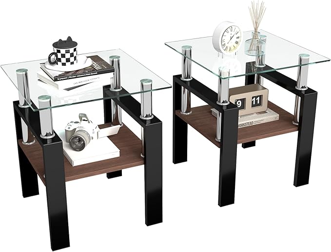 Set of 2 Glass End Table, 2-Layer Glass Living Room Table, Modern Tea Table Side Tables for Home Office Furniture