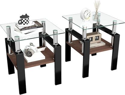 Set of 2 Glass End Table, 2-Layer Glass Living Room Table, Modern Tea Table Side Tables for Home Office Furniture