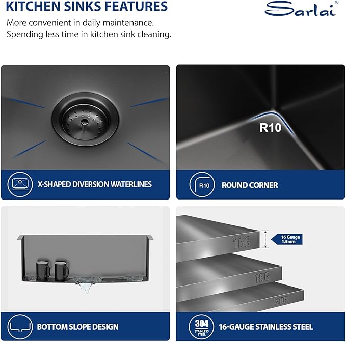 Sarlai ADA Black Kitchen Sink - 27 Inch Undermount Kitchen Sink Gunmetal Black 6-Inch Low Depth ADA Compliant Single Bowl 16 Gauge Stainless Steel 27x16 Inch Under Mount Handmade Sinks Basin
