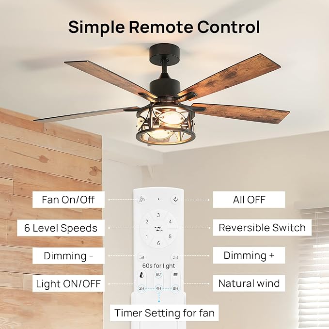 Consciot Ceiling Fan With Lights, 52 Inch Farmhouse Indoor Ceiling Fan With Remote, Quiet Reversible DC Motor, 5 Double Finish Wood Blades, Easy Dual Mount, Support Dimmable 2*E26 Bulbs(not included)