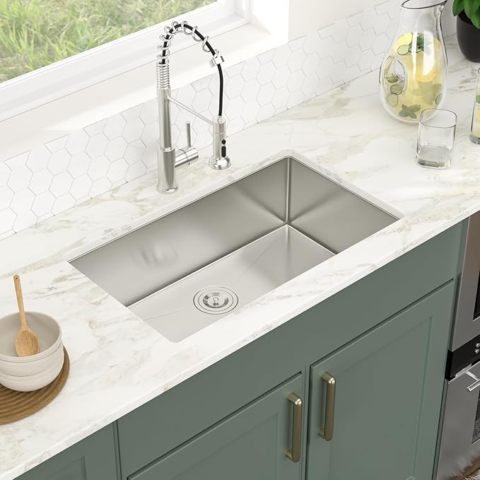 Logmey 28 Inch Undermount Kitchen Sink 28x18 Stainless Steel Sinks SUS304 16 Gauge Single Bowl deep kitchen Sinks Under Counter Handmade Sink 28x18x9
