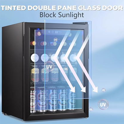Electactic 2.6 Cu.ft Beverage Refrigerator Cooler, 95 Can Mini Fridge Glass Door with Adjustable Shelves, Digital Temperature Display, Freestanding Small Drink Fridge for Home, Office or Bar(Black)