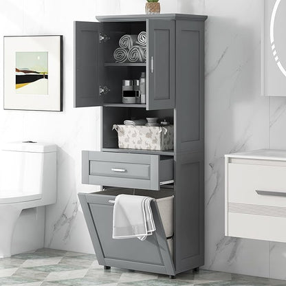 Merax 70" Tall Storage Cabinet with Laundry Hamper, 1 Drawer and Adjustable Shelf, Freestanding for Bathroom, Grey