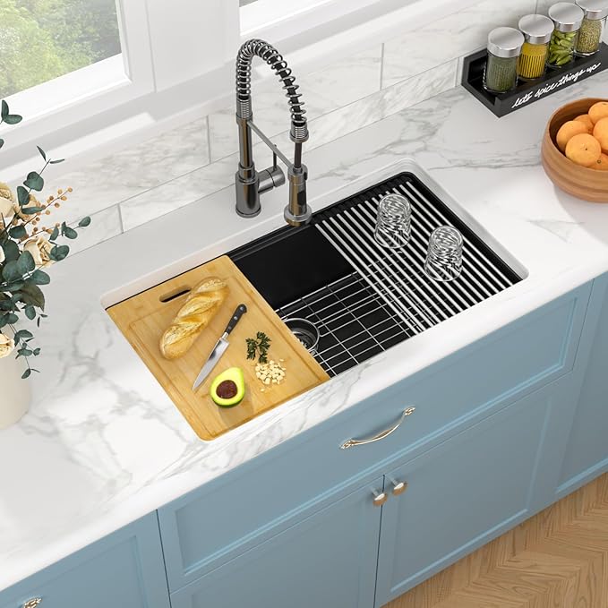 Sarlai 33 Granite Composite Kitchen Sink - 33 x 19 inch Black Undermount Granite Sink Ledge Workstation Matte Black Granite Composite Quartz Single Bowl Under Counter Sinks Basin