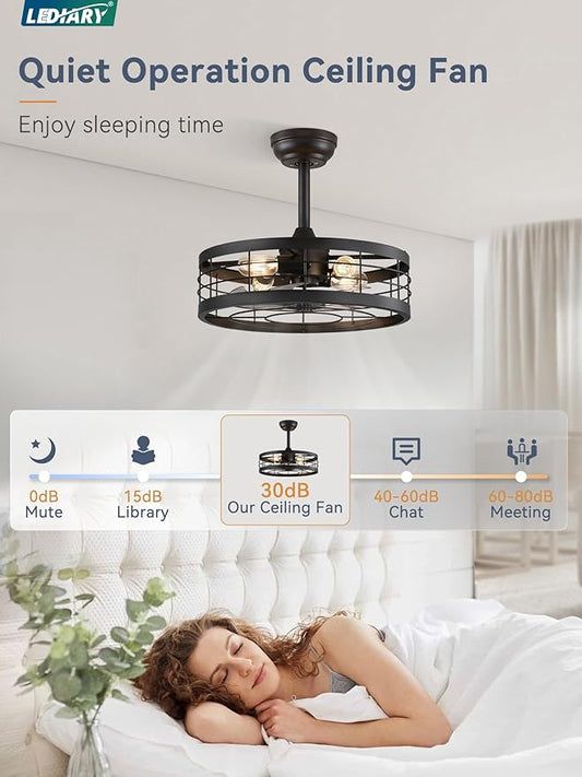LEDIARY 18 inch Black Caged Ceiling Fan with Light, Bladeless Industrial Ceiling Fan with Remote, Farmhouse Fan Lights Ceiling Fixtures for Kitchen, Bedroom, Outdoor（6 Speed, Timing）-Black