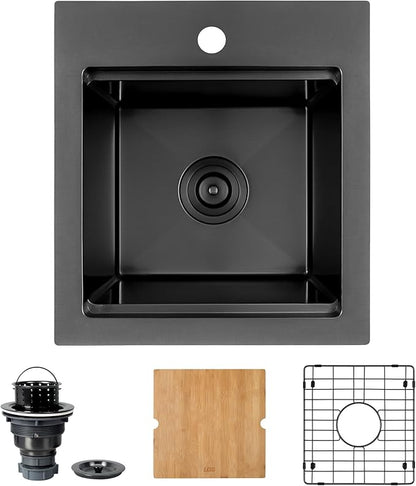 LQS Matte Black Stainless Steel Sink Drop In, 16” x 18” Black Small Laundry Sink, Prep Sink with Cutting Board Drop In, Black Kitchen Sinks with Workstation Ledge For RV, Outdoor and Prep Use