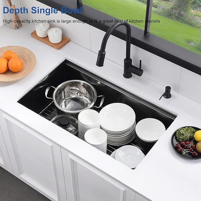 Black Sink, 304 Stainless Steel Single Bowl Undermount 30×18 Inch Workstation Kitchen Sink with Sink Grid and Cutting Board