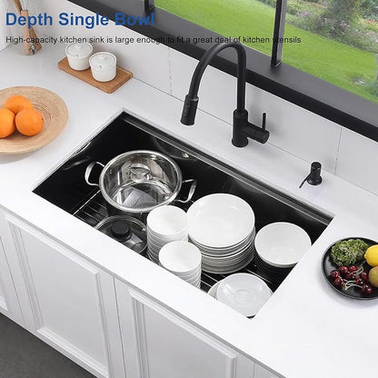 Black Sink, 304 Stainless Steel Single Bowl Undermount 30×18 Inch Workstation Kitchen Sink with Sink Grid and Cutting Board