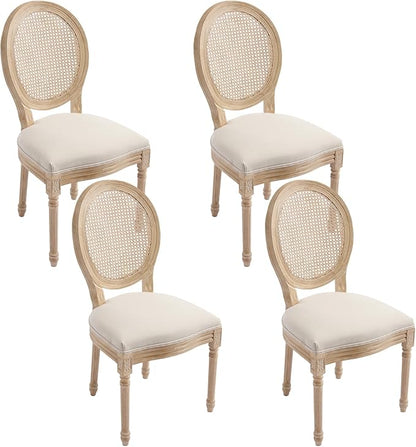 French Country Dining Chairs Set of 4, Upholstered Rattan Dining Chair with Round Backrest, Farmhouse Vintage Dining Chairs for Living Room, Kitchen, Restaurant (Beige-Rattan, Set of 4)