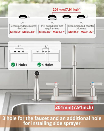 Kitchen Faucet with Sprayer 2 Handle Kitchen Sink Faucets 8 Inch Centerset 3 Hole with Supply Lines Brushed Nickel