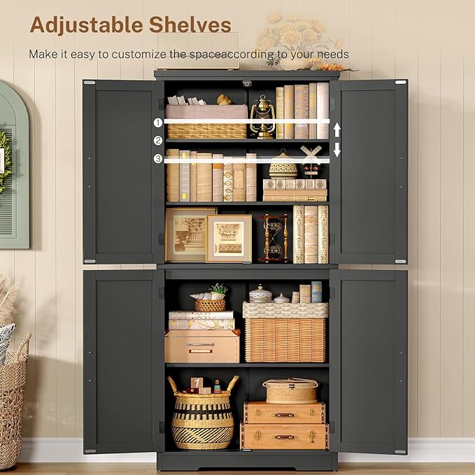 TEENFON 58" H Storage Cabinet with Adjustable Shelf, Kitchen Cabinet with 4 Doors, Farmhouse Pantry Cabinets, Cupboard for Kitchen, Bathroom, Living Room, Black