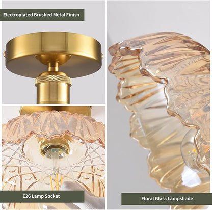 Semi Flush Mount Ceiling Light Mid Century Modern Floral Amber Glass Shade, Close to Ceiling Lighting Fixtures for Bedroom, Bathroom, Kitchen, Closet Laundry Room, Foyer and Hallway 9.45 in