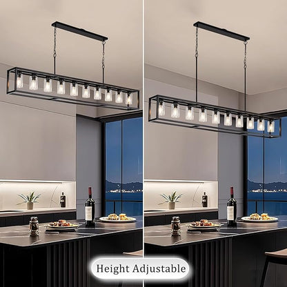 Farmhouse Dining Room Light Fixture Kitchen Island Pendant Lighting Rectangle Black Dining Room Lighting Fixture Modern Pendant Contemporary Chandeliers with Glass Shade Adjustable (10 Light)