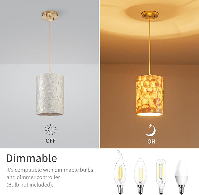 LumFurn D7inch 1-Light Capiz Shell Chandelier, Coastal Design Pendant Light Fixture for Dining Room, Living Room, Kitchen Island, D7 x H18~66"(Adjustable Height), Shell Lampshade & Gold Finish Frame