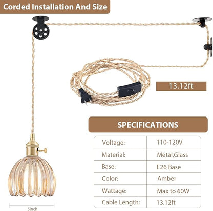 Plug in Pendant Light Fixtures, Hanging Light Fixture Vintage Glass Pendant Light, Mini Amber Tulip Hanging Lamp, Pendant Lighting for Kitchen Island, Bedroom, Dining Room, Living Room